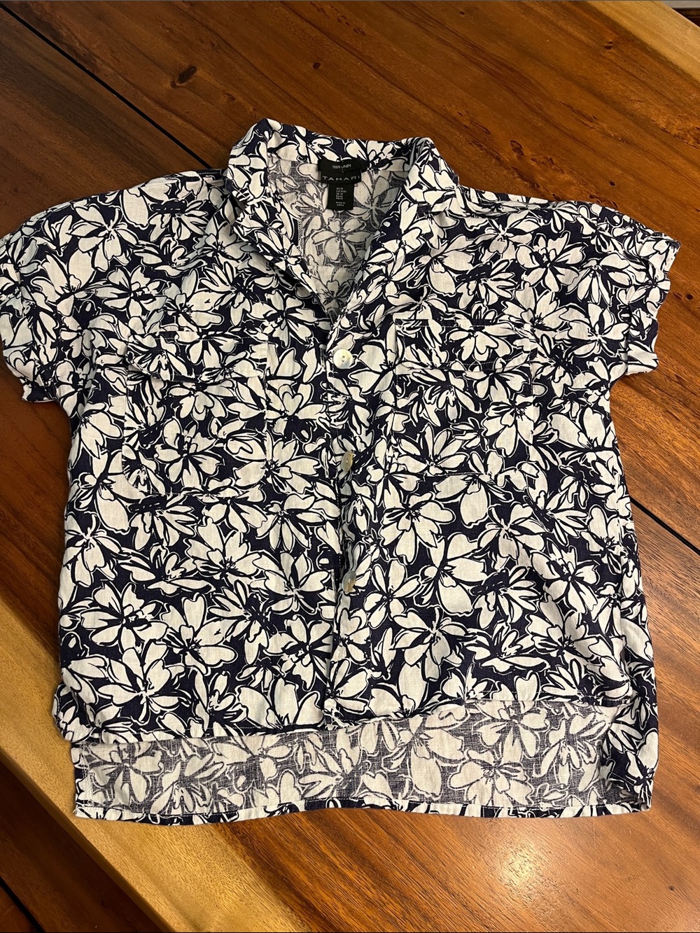 Tahari Navy and White Floral Button-Down 100% linen Top
